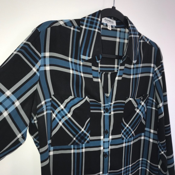 Express The Portofino Shirt Blue Black Plaid - Picture 2 of 10